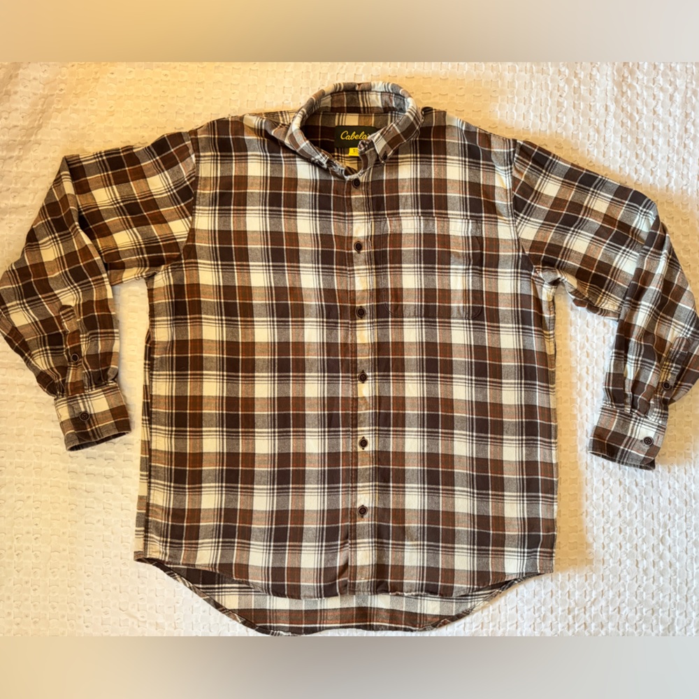 Cabela’s Plaid Flannel Button Down Shirt Brown Cream Cotton Long Sleeve Medium - Picture 2 of 7